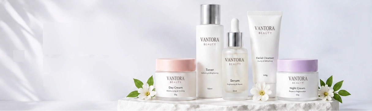 Vantora Beauty toner, serum, cleanser, day cream and night cream with white flowers